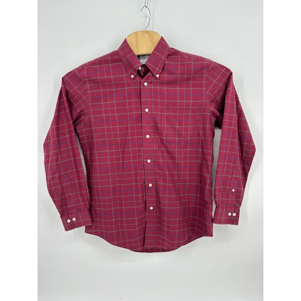 Brooks Brothers Regent Fit Non-Iron Cotton Check Shirt Mens Medium Burgundy Red - Picture 2 of 11